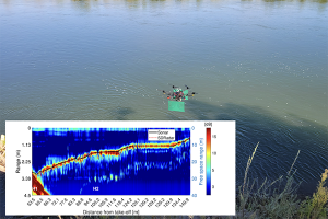 Research drone hovering over river water and map showing river depth